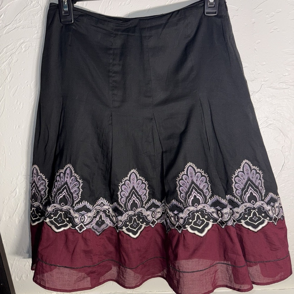 Ann Taylor 2P Vanity Size Black Embroidered Pleated A-line Skirt Lined Boho 28"